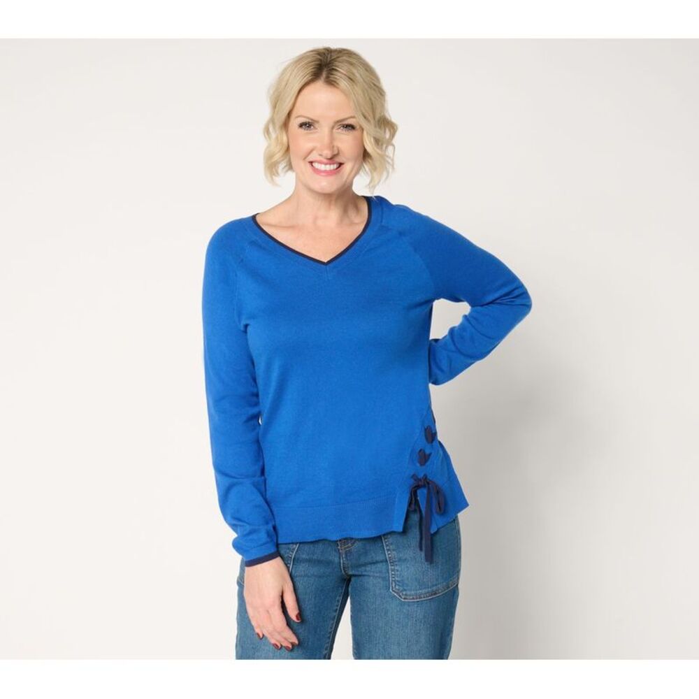 Women Control Women's Top Plus Sz Sweater 3X Lace-Up Detail Blue